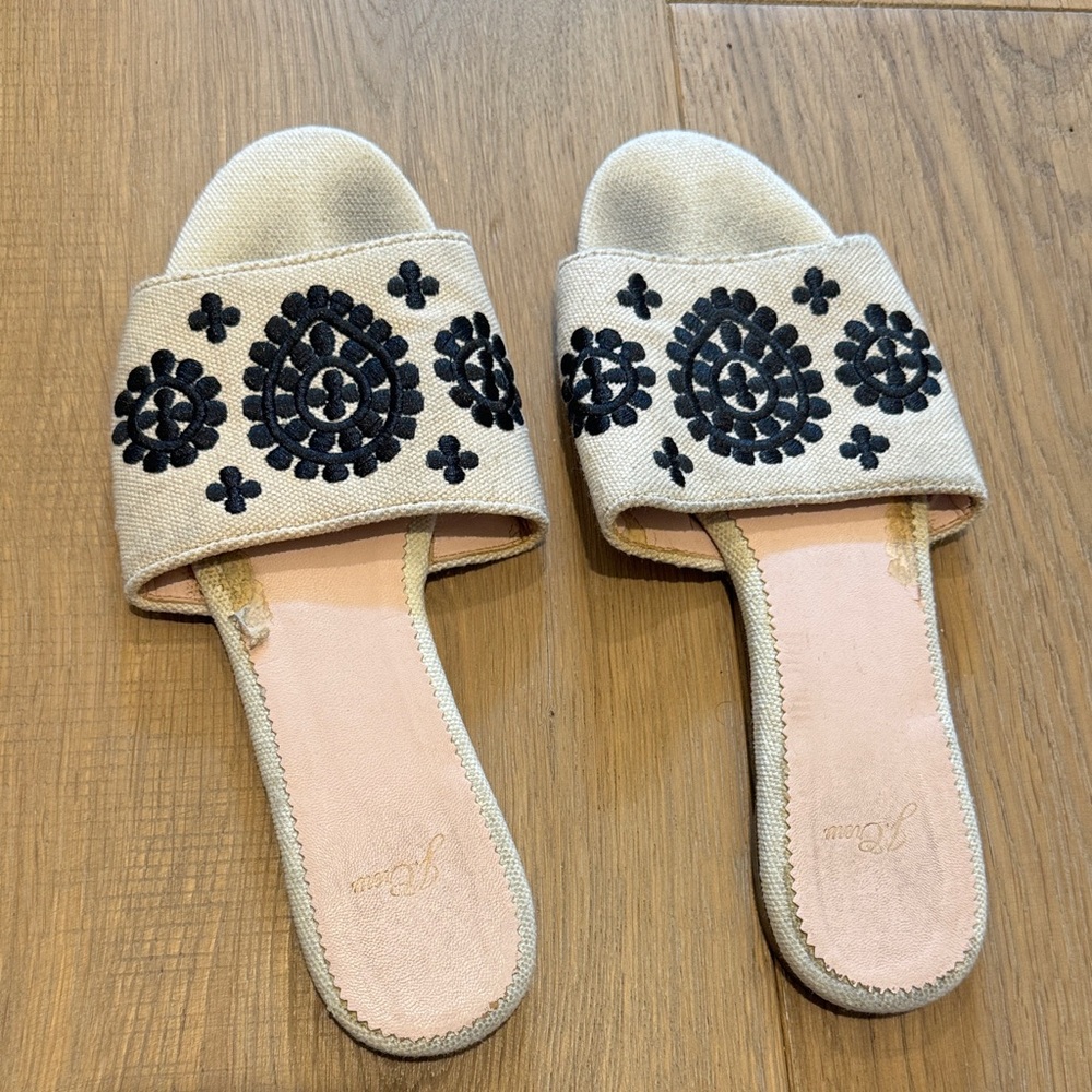 J crew Beige Embroidered Slide Sandals with Black Floral Detail